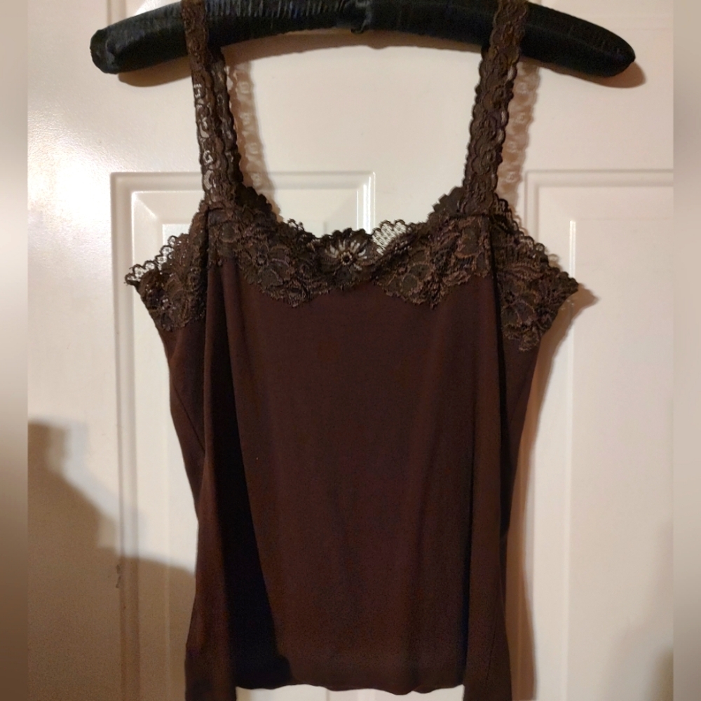 🔸🤎🔸Feminine Vintage Chocolate Brown Floral Lace Camisole Tank Top Blouse - M - Picture 2 of 16
